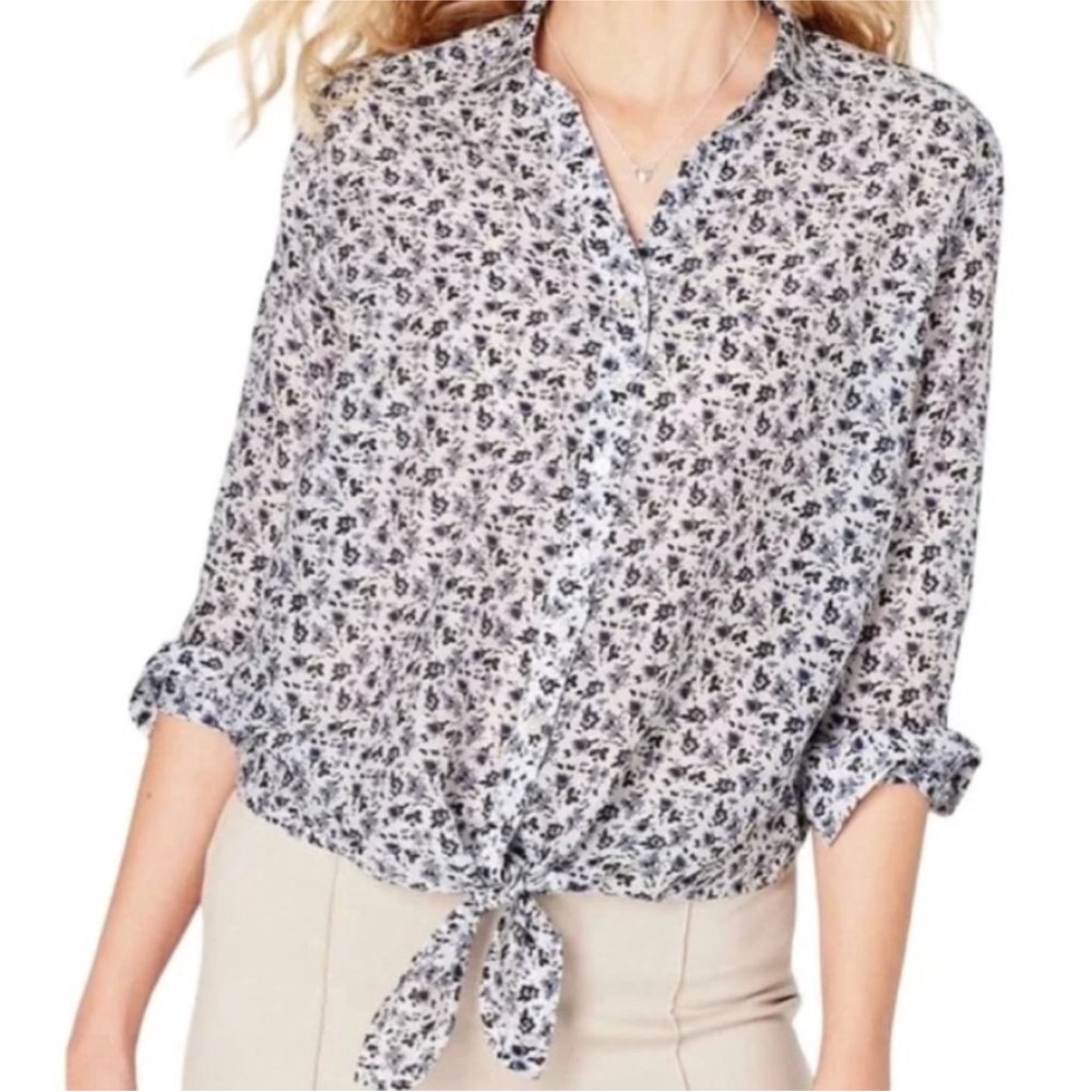 J.Jill floral silk blend long sleeve shirt small petite tie waist navy and white